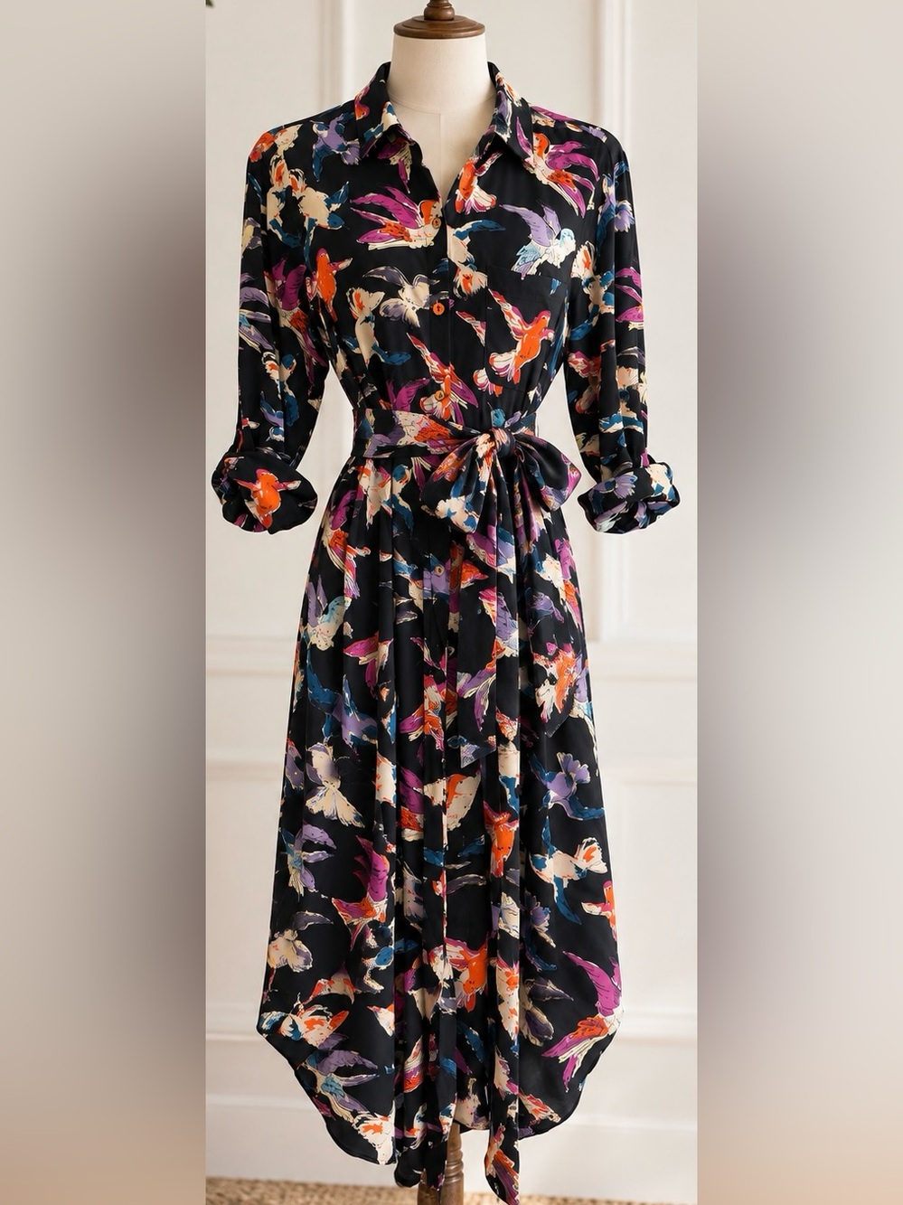Maeve by Anthropologie Bird Print Belted Shirt Dress Black Multicolor Size 4
